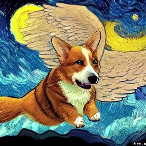 Image similar to corgi with [ angelic wings ]!!, [ flying like a superhero ]!! in the [ night sky ]!! where the stars are visibly perceptible, [ realistic photo ]!!, [ illustrated by vincent van gogh ]!!, trending on artstation