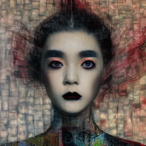 Image similar to yoshitaka amano blurred and dreamy realistic three quarter angle portrait of a young woman with black lipstick and black eyes wearing dress suit with tie, junji ito abstract patterns in the background, satoshi kon anime, noisy film grain effect, highly detailed, renaissance oil painting, weird portrait angle, blurred lost edges