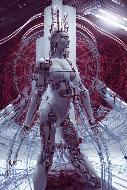 Image similar to space station interior white cross cross inflateble shapes wires tubes veins wires tubes veins jellyfish white biomechanical details a statue jesus on cross made of red marble hands nailed to a cross perfect symmetrical full shot, wearing epic bionic cyborg implants masterpiece, intricate biopunk vogue highly detailed artstation concept art cyberpunk octane render