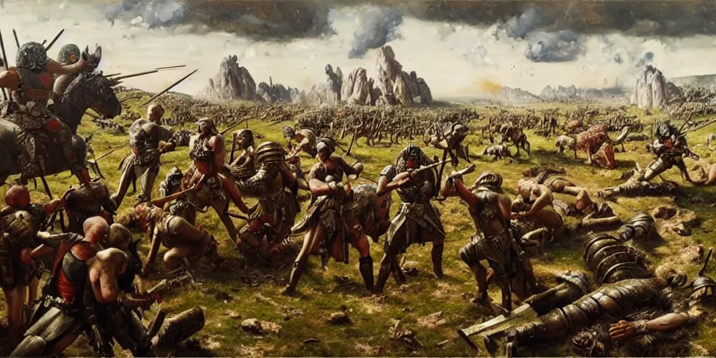 Image similar to scene from ancient battlefield, painting by otto dix and greg rutkowski, 8 k