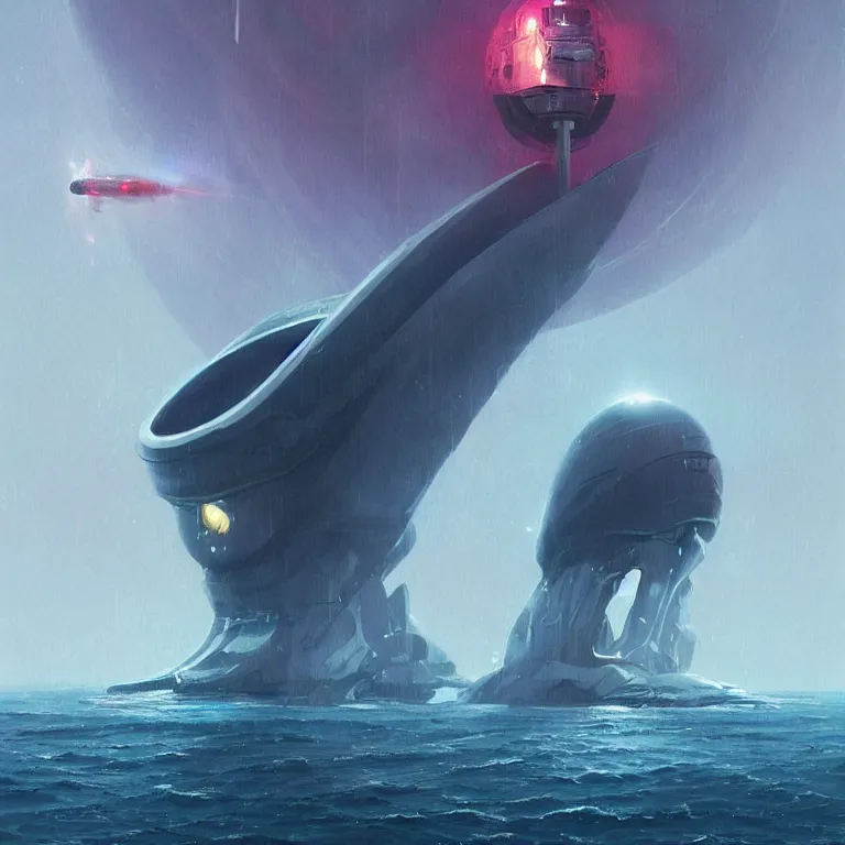 Prompt: mechanical spaceship called the nautilus dripping wet emerging from a the ocean, launching to space, sci - fi concept art, by john harris, by simon stalenhag, stunning, award winning