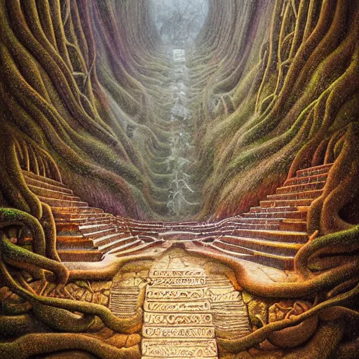 Prompt: intricate stunning highly detailed illustration of the inca lost city of gold, 🌱, by agostino arrivabene and vladimir kush, blood rivers running through stairs, surreal, digital painting, ultra realistic, dramatic lighting, twisted vines, lush plants, gold, inca, pristine water, artstation