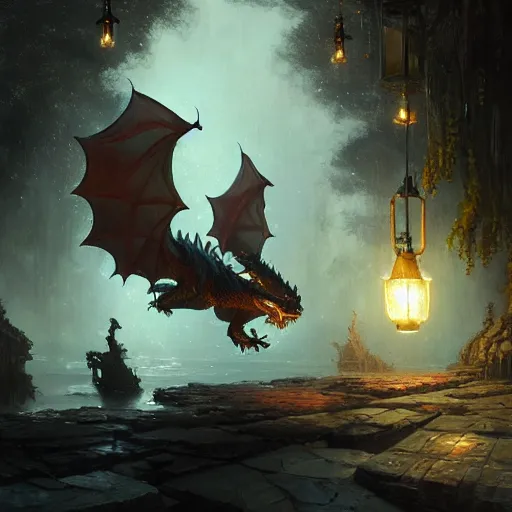 Image similar to Concept art, beautiful painting of a dragon, shining its light among lanterns and fireflies, 8k, james gurney, greg rutkowski, john howe, artstation