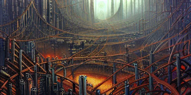Image similar to painting of redwood forest labyrinth consuming cyberpunk metropolis in the style of steampunk by dan seagrave and john stephens