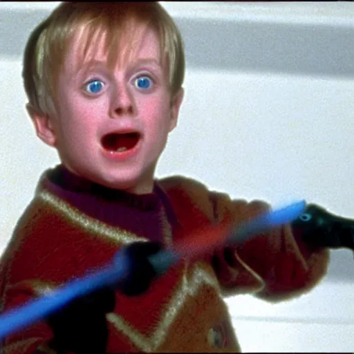 Image similar to A still of Kevin McCallister from Home Alone (1990) with a lightsaber