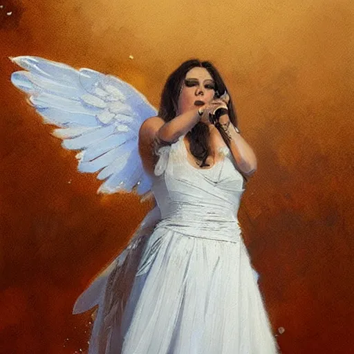 Image similar to Painting by Greg Rutkowski, an opera singer in a white dress with wings on stage