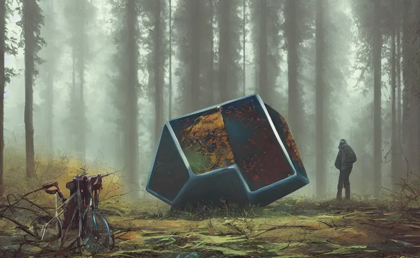 Image similar to a giant metallic cube on the ground in the forest, realistic sci-fi painting by simon stålenhag, digital art, trending on artstation
