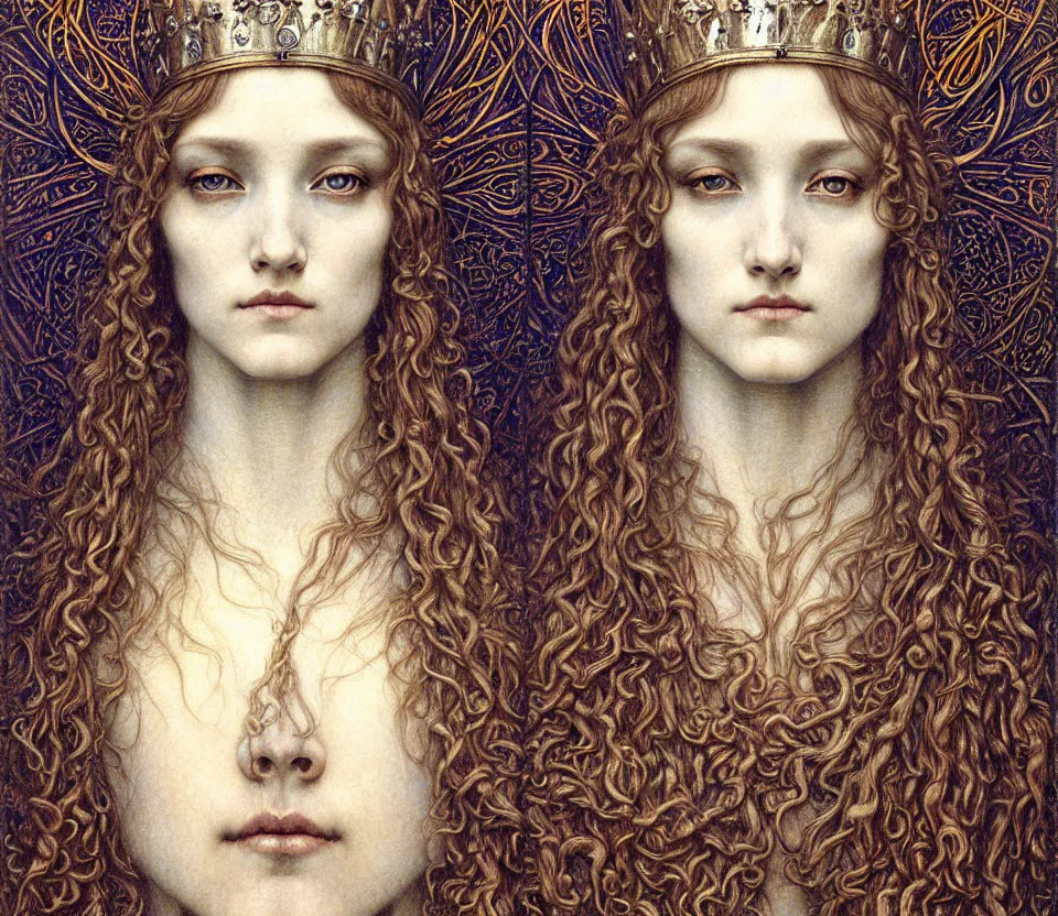 Image similar to detailed realistic beautiful young medieval queen face portrait by jean delville, gustave dore and marco mazzoni, art nouveau, symbolist, visionary, gothic, pre - raphaelite. horizontal symmetry