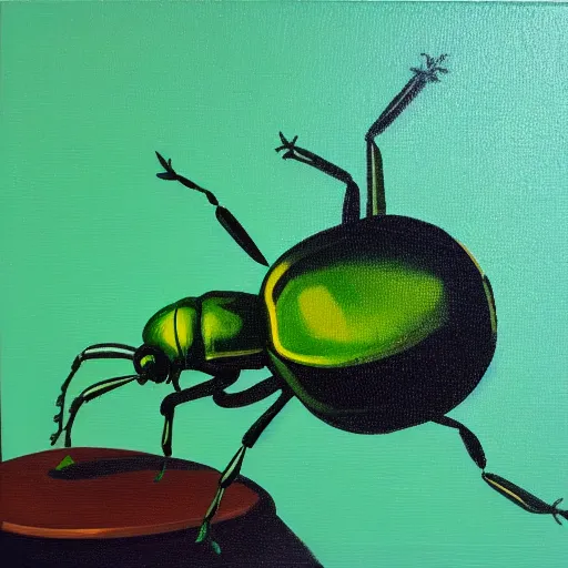 Prompt: A green beetle that is playing a theremin inside of a snowglobe. Acrylic on canvas