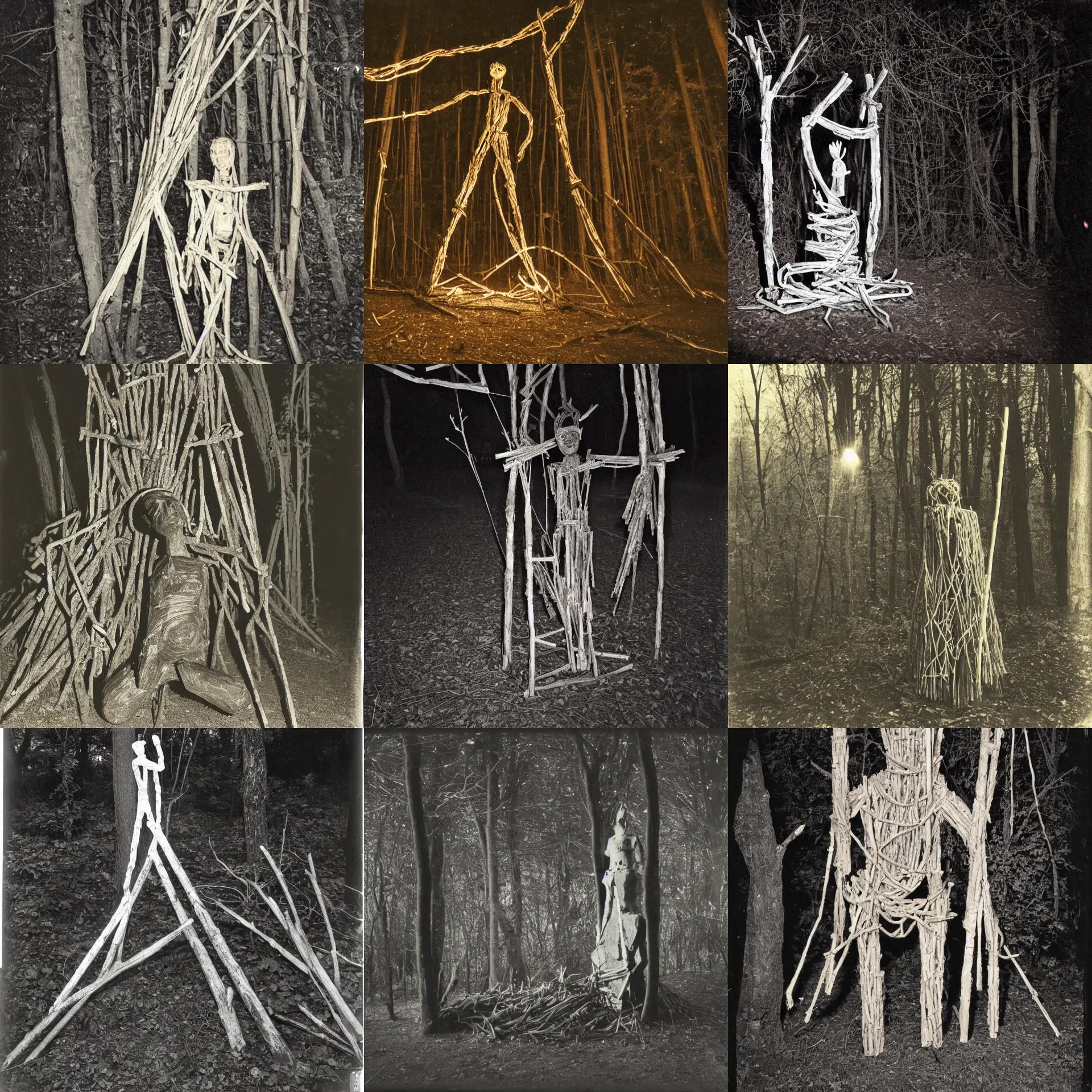 Prompt: a vintage photograph of a crude idol in the forest made from sticks, bone and twine at night, illuminated by a flashlight beam