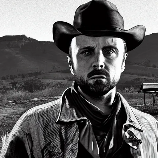 Image similar to jesse pinkman in red dead redemption 2, artstation, octane render, realistic, highly detailed, sharp focus, cinematic lighting, black and white, 4k