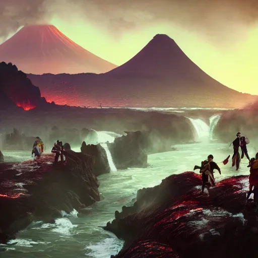 Image similar to A group of adventurers traversing a fantastical landscape, crossing a rickety bridge over a river of lava, with a active volcano in the background, by Tyler Jeffers and Tait Howard and Greg Rutkowski, top-rated, award winning, neon, sharp, no blur, details, artstation, 8K