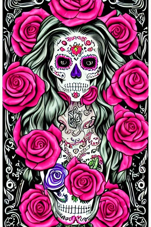 Prompt: illustration of a sugar skull day of the dead girl, art by wes benscoter