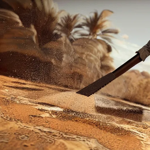 Image similar to tom cruise digging a giant hole with a shovel in a desert, photorealistic, unreal engine