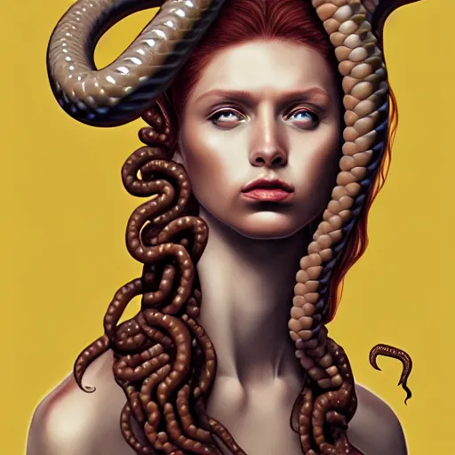 Image similar to portrait of medusa with long thin sausages instead of snakes, sausage hair, painting, illustration, intricate details, masterpiece, digital art, trending on artstation