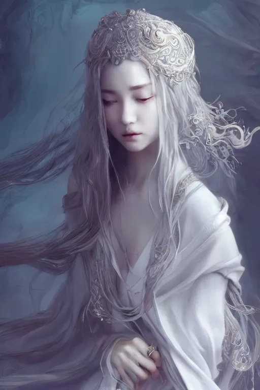 Image similar to a beautiful sorceress leaning with elegant looks, flowing robe, ornate and flowing, intricate and soft by miho hirano, ruan jia, yoshitaka amano, wlop, vray render, artstation, deviantart, pinterest, 5 0 0 px models