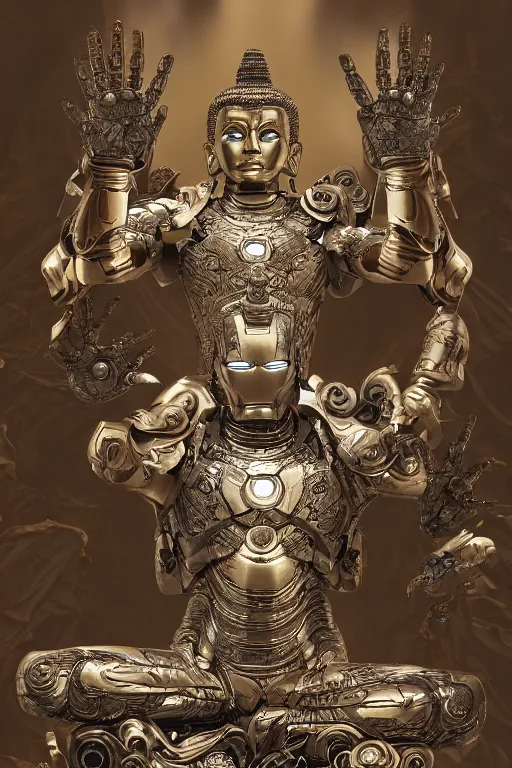 Image similar to digital masterpiece illustration concept art of porcelain statue of buddha gautama as iron man, varasana, lotus, padmasana, extremely detailed and intricate complexity, epic composition, magical atmosphere, cinematic lighting, wide long shot, trending on artstation, 8 k