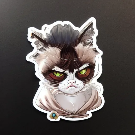 Image similar to Grumpy cat as an anime waifu, anime, weeb, die cut sticker , intricate, elegant, highly detailed, digital painting, artstation, concept art, smooth, sharp focus, illustration, art by artgerm and greg rutkowski and alphonse mucha and francisco goya