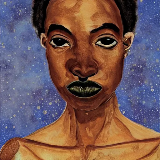 Image similar to a painting of a elegant, well fed, smooth-chinned, long nose, African, elder with few eyebrows by Wangechi Mutu . thinker without facial hair, thoughtful, focused, visionary, calm, jovial, loving, fatherly, generous, . dramatic angle, ethereal lights, details, smooth, sharp focus, illustration, realistic, cinematic, artstation, award winning, rgb , unreal engine, octane render, cinematic light, macro, depth of field, blur, red light and clouds from the back, highly detailed epic cinematic concept art CG render made in Maya, Blender and Photoshop, octane render, excellent composition, dynamic dramatic cinematic lighting, aesthetic, very inspirational, arthouse.