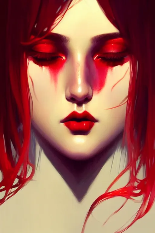 Image similar to a beautiful girl with red makeup in the eyes, fantasy, portrait, sharp focus, intricate, elegant, digital painting, artstation, matte, highly detailed, concept art, illustration, ambient lighting, art by ilya kuvshinov, artgerm, Alphonse mucha, and Greg Rutkowski