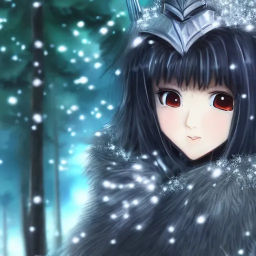 Prompt: portrait focus of knight beautiful 3D anime girl, fluffy armor wearing, dark forest background, snowing, bokeh, inspired by Masami Kurumada, digital painting, high contrast, unreal engine render, volumetric lighting, high détail