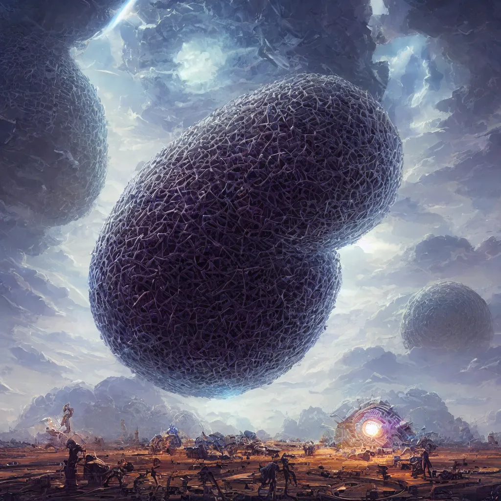 Image similar to extremely beautiful high detailed long portrait of dyson sphere program, by greg rutkowski, by rhads, by jesper ejsing, so many wires, sharp focus, man standing, colony, atom, crowd, city, cuber punk, ant colony