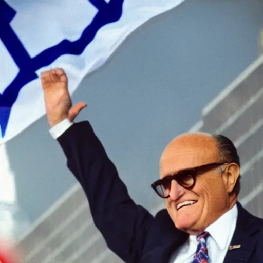 Image similar to a closeup of Rudy Giuliani waving an Israeli flag while laughing hysterically on top of the world trade center rubble pile in new york