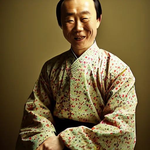 Prompt: realistic contamporary art photography by araki nobuyoshi of wearing traditional ukrainian shirt designed by taras shevchenko. smiling kim chen in