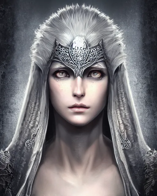 Image similar to portrait of a beautiful female hunter with shimmering hair, symmetrical face and eyes, dressed in intricate silver, cgsociety, Elden Ring, Dark Souls, Bloodborne