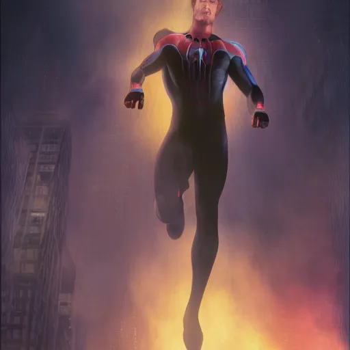 Image similar to ryan reynolds as a black and blue suit spider - man, cinematic, volumetric lighting, f 8 aperture, cinematic eastman 5 3 8 4 film, photorealistic by greg rutkowski, by stanley artgerm, by alphonse mucha