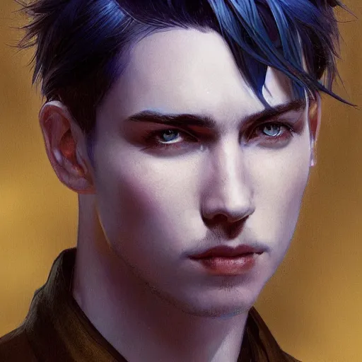 Prompt: young man, blue hair, short hair, elegant, tired, intricate, artstation, digital painting, highly detailed, sharp focus, by artgerm and greg rutkowski and alphonse mucha