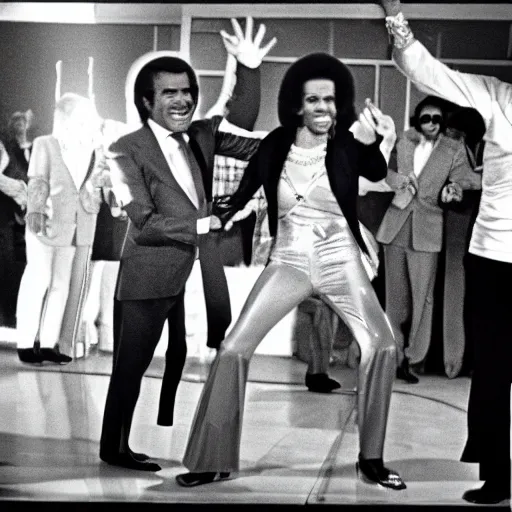 Prompt: Richard Nixon in 70s disco fashion dancing in the show Soul Train 1971