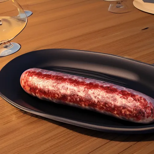 Image similar to cursed realistic 3 d unreal engine render of a half fish half sausage alone on a plate, fish fins on a sausage