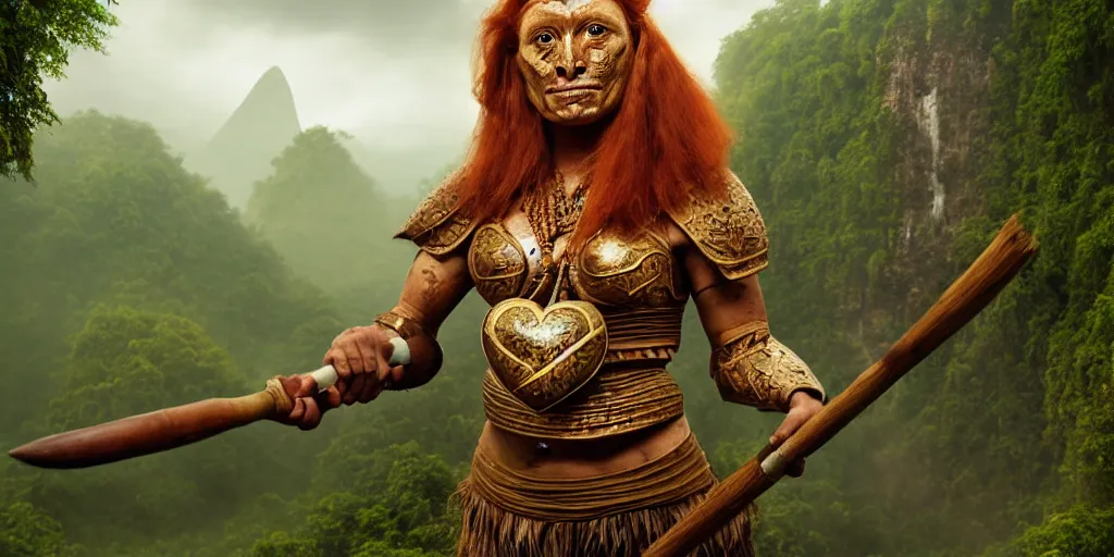 Image similar to armoured ginger dwaven woman wielding a hammer and shield, jungle clearing, awesome floating mountain in the shape of a human heart by Charlie White 4k realism distant landscape