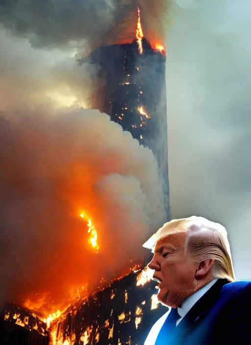 Image similar to a beautiful photo of donald trump being unfazed by the fact that the trump tower is burning, intricate details, photography, volumetric light, 8 k