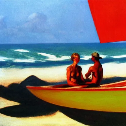 Image similar to a beach in rio de janeiro, characters in a boat, by edward hopper, award winning, cinematic