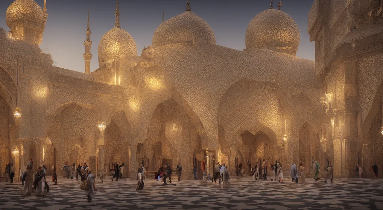 Prompt: 3 d octane render, bazar busy with people, soft light, mystical, highly detailed islamic architecture building, intricate patterns, trending on artstation, professional architecture shot