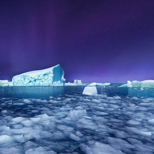 Prompt: a subartic island with a log cabin surrounded by icebergs with Aurora borealis ultra realistic 8k bordering on artstation