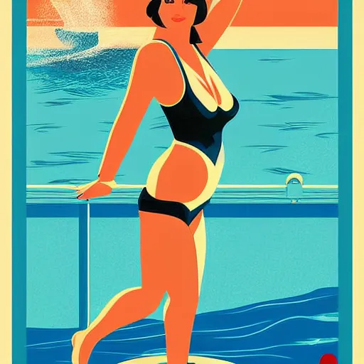 Image similar to retro poster with a painting of a woman in a bathing suit sitting on a boat, an art deco painting by tom whalen, trending on behance, art deco, digital illustration, storybook illustration, art deco, flat shading, vector art, airbrush