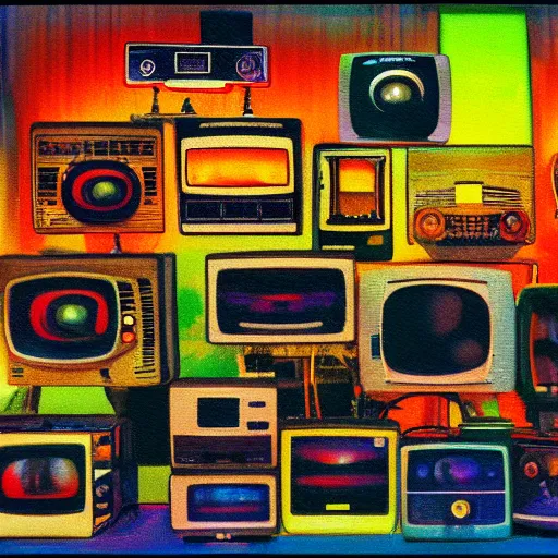 Prompt: array of crt televisions, tv static, antenna, stacked, polaroid, steroids, adult video store, impressionist painting, painting, acrylic painting, cell shaded, fuzzy