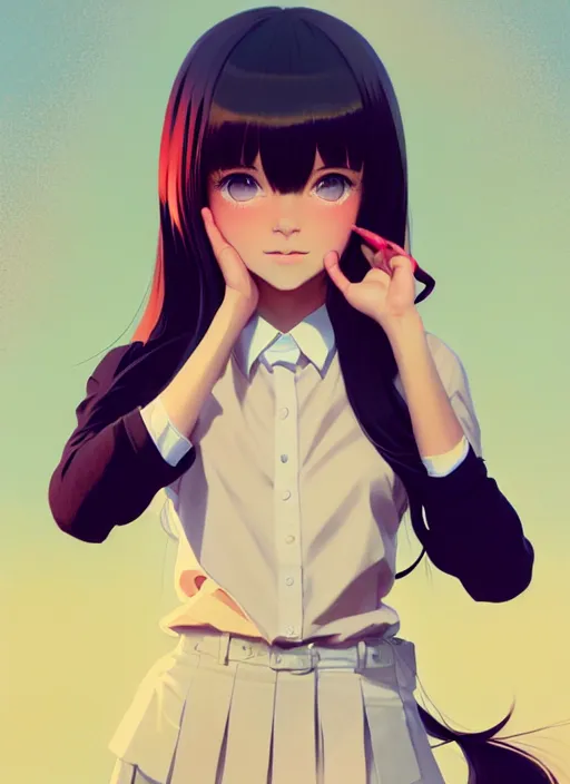 Image similar to full body beautiful and cute and aesthetic school girl greeting, very slightly smiling, wave a hand at the camera, perfect face, symmetric eyes, sharp focus, specular reflection, occlusion shadow, artstation, by ilya kuvshinov and jeremy lipking and quentin mabille, light novel cover art, 3 d epic illustrations, symmetric body