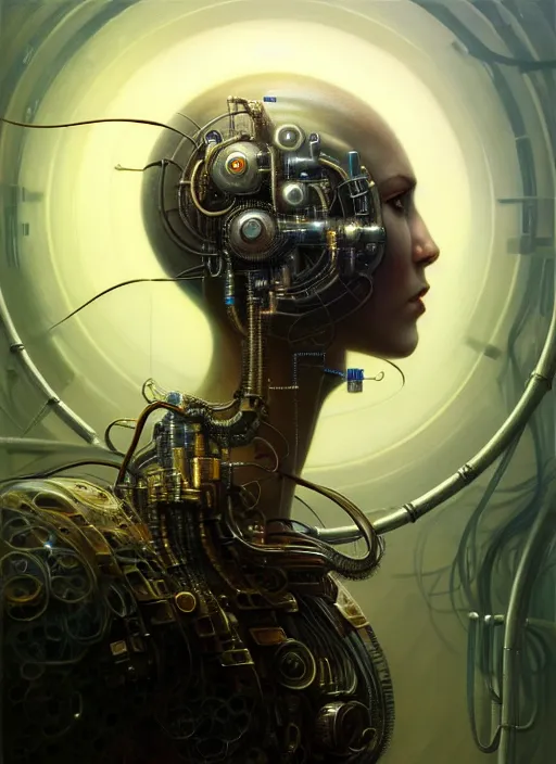 Prompt: portrait shot of machine that creates humans in a scenic dystopian environment, intricate, tubes and cables, elegant, highly detailed, centered, digital painting, artstation, concept art, smooth, sharp focus, illustration, artgerm, tomasz alen kopera, peter mohrbacher, donato giancola, joseph christian leyendecker, wlop, boris vallejo