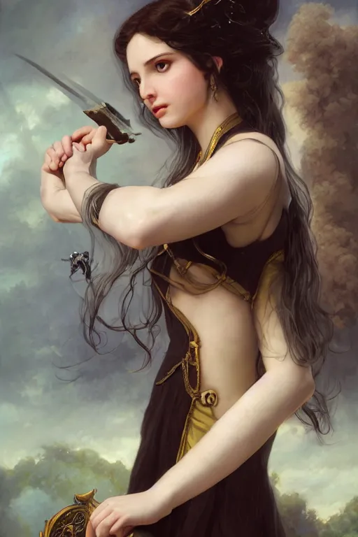 Image similar to a fantasy comic book style portrait painting of a beautiful woman with pale skin and long black hair, mystical valkyrie, francois boucher, oil painting, unreal 5, hyperrealistic, octane render, regal, refined, detailed digital art, rpg portrait, william - adolphe bouguereau, michael cheval, walt disney, steampunk, dynamic lighting, highly detailed, unreal engine