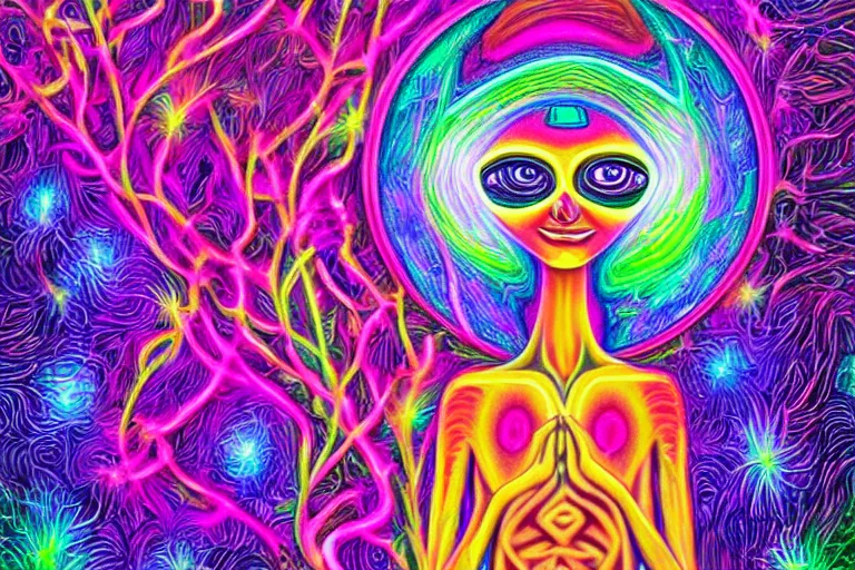 Prompt: a digital painting close shot of an alien pondering into your soul, green trees in the background, alex grey, lisa frank, colorful, vibrant,