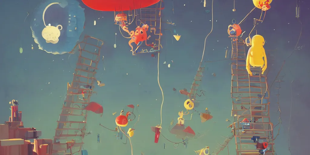 Prompt: cute cartoon monsters and jellyfish climbing ladders to the moon at night by goro fujita and simon stalenhag and wes anderson and alex andreev and chiho aoshima and beeple and banksy and kandinsky and magritte and basquiat and picasso, 8 k, trending on artstation, hyper detailed, cinematic