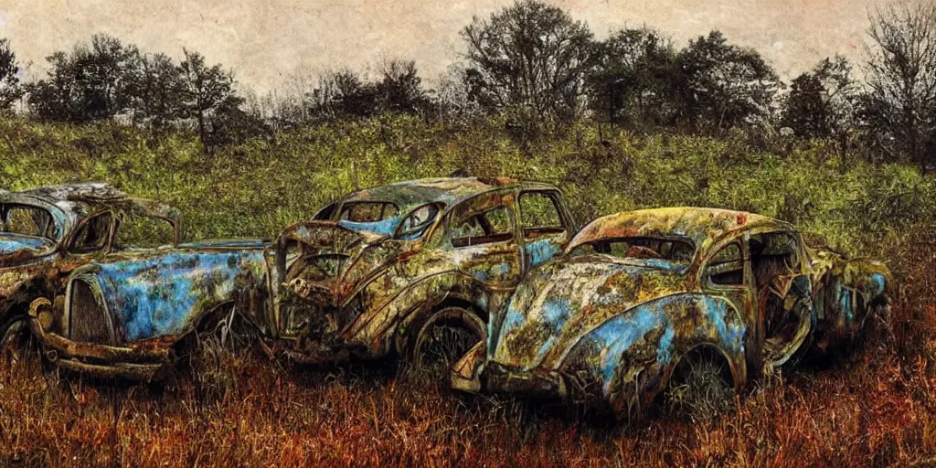 Prompt: fantasy art 1 9 2 0's abandoned cars left to rot in an overgrown field, rusty