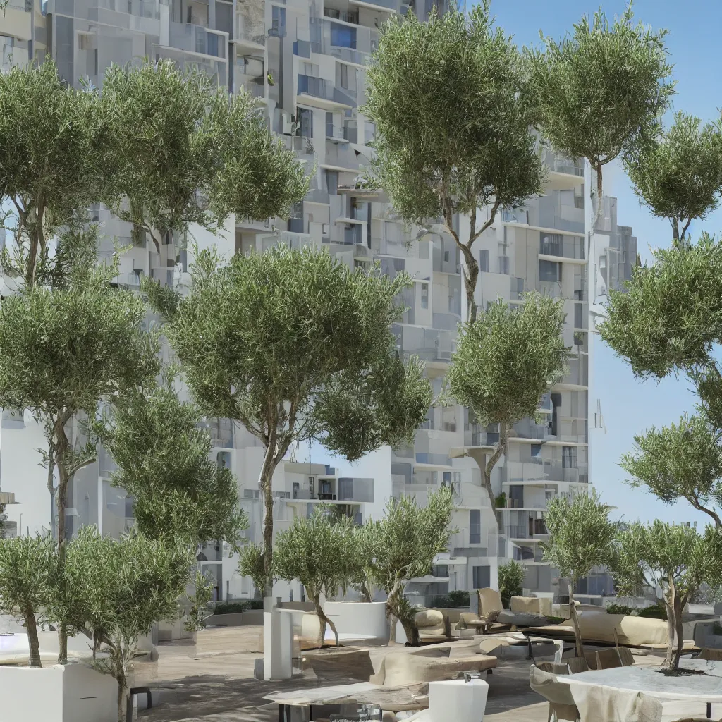 Image similar to 2 2 floor residential apartment, rooftop garden, olive trees