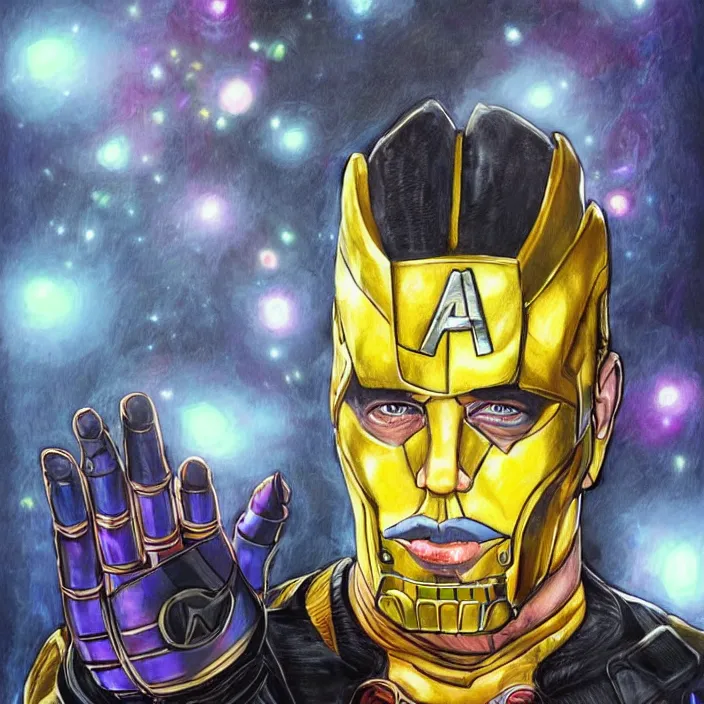 Image similar to portrait of till Lindemann, wearing The Infinity Gauntlet. Caricature artwork. trending on artstation, very coherent symmetrical artwork. avengers. thanos. cinematic, hyper realism, high detail, newspaper illustration, iridescent accents