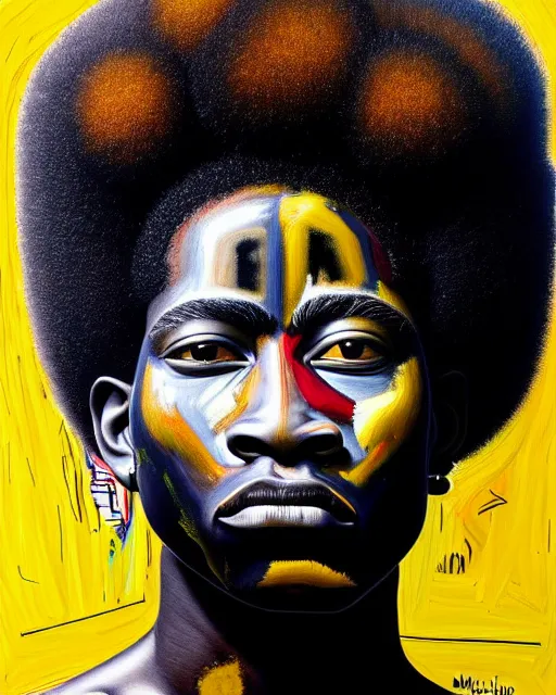 Image similar to A extremely ultra highly detailed majestic hi-res beautiful immaculate head and shoulders award winning painting stunning masterpiece of the face of a ultra highly detailed strong black African warrior man with an afro portrait by Jean-Michel Basquiat, 8k, high textures, ultra hyper sharp, insanely detailed and intricate, super detailed, 8k HDR ultra high quality, high detail, hyperrealist, photorealistic, octane render, cinematic, high textures, hyper sharp, 4k insanely detailed and intricate, surrealism, surrealist, real life, lifelike, 8k, hyper realistic, super detailed, realistic, 4k HDR hyper realistic high