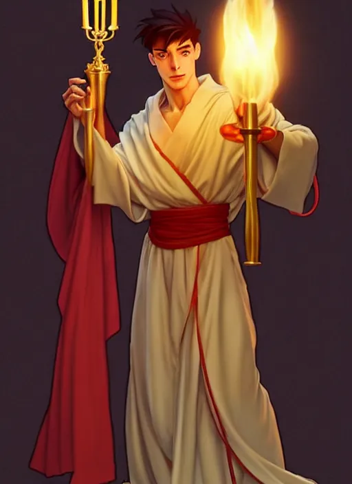 Image similar to muscular kai havertz as a priest wearing robes. holding golden candlestick, in a monestry natural lighting, path traced, highly detailed, high quality, digital painting, by don bluth and ross tran and studio ghibli and alphonse mucha, artgerm